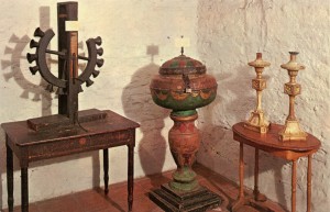 Old Mass Bells, baptismal font and altar candle-sticks, Mission San Jose, Fremont, California               